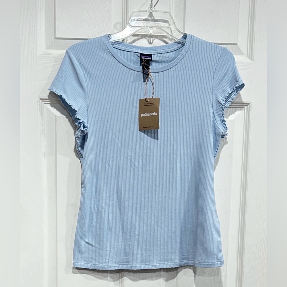 Patagonia Women's Large Rib Knit Top Fleck Blue NWT Slim Fit Cap Sleeves Stretch